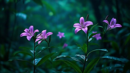 Poster - Delicate pink lilies bloom in a serene misty forest setting creating a tranquil atmosphere : Generative AI