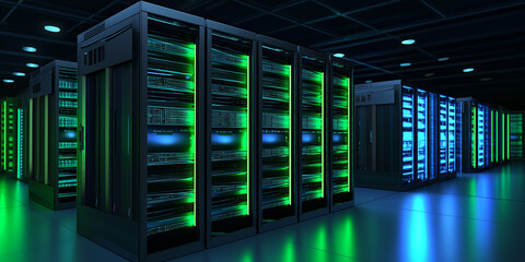 Aufkleber - Server room hosting big data with futuristic green and blue lights