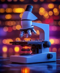 Leinwandbilder - High-quality laboratory microscope on a table with artistic blurred lights in the background for scientific exploration : Generative AI