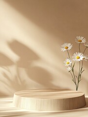 Poster - Elegant Minimalist Composition of Daisies on a Wooden Platform with Warm Shadows : Generative AI