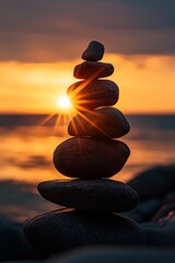 Poster - Stunning sunset view with balanced pebbles symbolizing tranquility and nature's beauty at the beach : Generative AI
