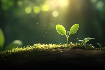 Aufkleber - A small green plant sprouting from a mossy ground illuminated by sunlight in a forest setting : Generative AI