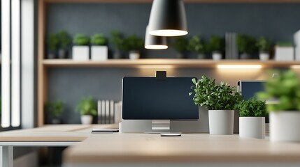 Fototapete - Modern office workspace showcasing a sleek computer setup surrounded by vibrant potted plants and minimalist decor : Generative AI
