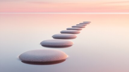 Poster - Serene landscape of smooth stones leading across tranquil water at sunset : Generative AI