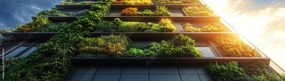 A striking futuristic building adorned with lush vertical gardens ...