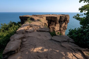 Poster - A natural rock formation with textured surfaces overlooks a vast expanse of blue water under a clear sky. The scene is bathed in warm sunlight with partial shadows enhancing the rugged landscape