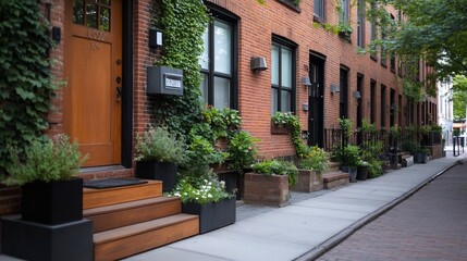 Poster - Exterior view of traditional red brick buildings with wooden doors and window boxes filled with plants along a sidewalk