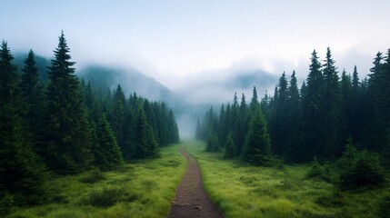 Poster - A path winds through a verdant forest, shrouded in mist. Towering green trees line the trail. Atmospheric landscape capturing the tranquility of nature