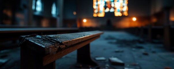 Poster - Close up view of a damaged wooden bench in a dimly lit building interior with stained glass window and debris. Atmosphere of decay and neglect evident in the scene
