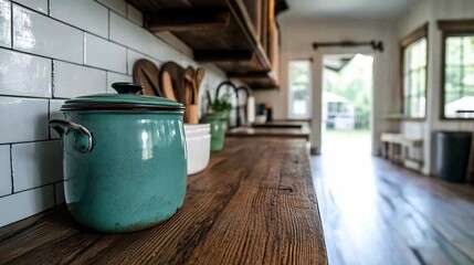 Fototapete - An interior shot of a generic kitchen featuring a turquoise pot on a wooden countertop near a white-tiled backsplash with wooden shelves and a view through a doorway