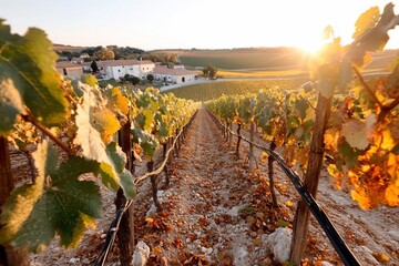 Leinwandbilder - Golden sunlight bathes rows of grapevines in a vineyard setting with a distant village visible under a clear sky creating a warm idyllic rural landscape