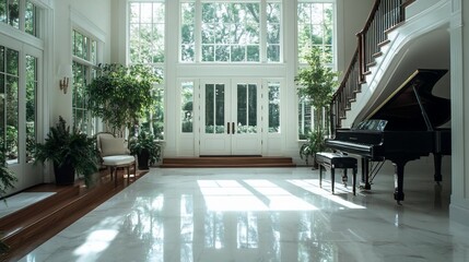 Poster - Elegant interior with large windows and a grand piano. Bright sunlight streams through the windows illuminating the marble floor and lush green plants. Classic design with a grand staircase