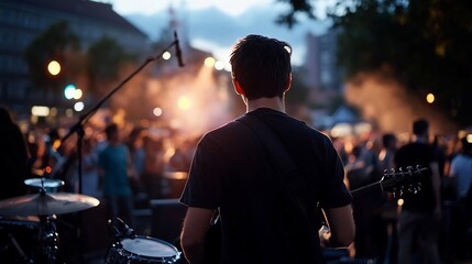 Poster - Rear view of a musician playing guitar on stage at an outdoor concert. The crowd is blurred with warm bokeh lights creating a festive atmosphere