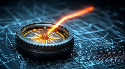 high-tech compass on a digital grid background with glowing lines indicating direction