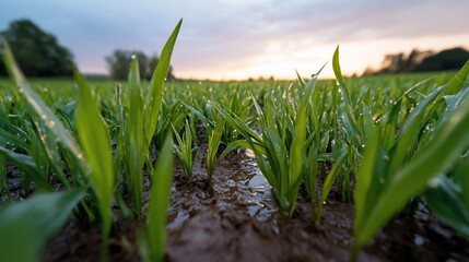 Leinwandbilder - Close-up of vibrant green crops growing in a field under a colorful sunset sky capturing the beauty of nature and agriculture