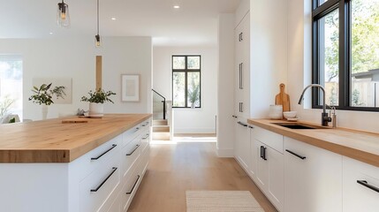 Poster - Bright modern kitchen interior featuring white cabinetry wooden countertops natural light and minimalist design elements. Focus on spaciousness cleanliness and contemporary aesthetic