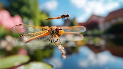 Aufkleber - Two orange dragonflies in flight over a tranquil pond reflecting a blue sky and blurred background of greenery and buildings