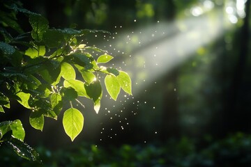 Leinwandbilder - Sunlight streams through the forest canopy illuminating leaves and particles creating a magical and ethereal atmosphere in a lush green environment