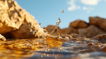 Poster - Close up of water droplet splash with sunny sky and rocks background creating a dynamic visual of water, sun and rocks in nature