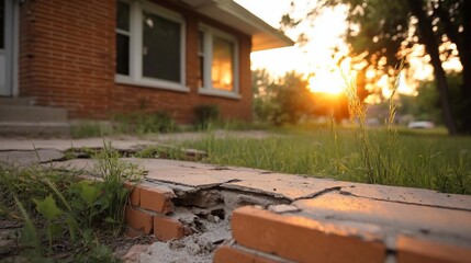 Poster - Exterior view of a brick house with a damaged walkway lit by a warm sunset. Green grass and trees in the background, golden hour lighting