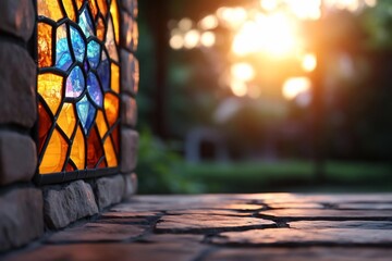 Fototapete - Close up of a stained glass window with various colors brick wall and sunlight in the background creating a warm atmosphere