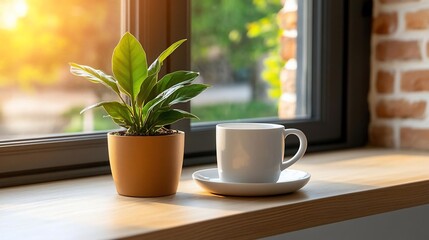 Poster - A potted green plant and a white coffee cup with saucer sit on a wooden windowsill with sunlight illuminating the scene with a blurred outdoor background and a brick wall