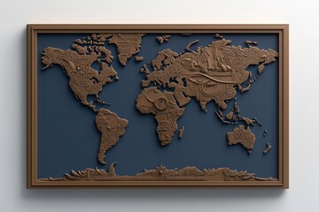 Poster - A detailed world map crafted from textured metallic material set against a deep blue background framed in dark wood. The map showcases geographic details with raised relief
