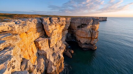 Aufkleber - Coastal cliffside landscape illuminated by golden sunlight reflecting off textured rock formations and tranquil ocean waters at dusk creating a serene natural vista