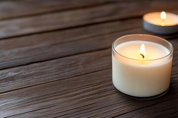 Poster - Close-up view of two lit candles on a rustic wooden surface creating a warm atmosphere. The soft lighting and blurred background emphasize the candles