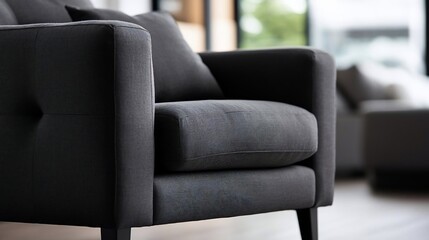 Poster - Close-up of a modern dark gray armchair with textured fabric detail in a bright interior with soft natural light. Focus is on the detailed upholstery and form