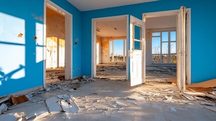 Poster - Interior view of an abandoned room with blue walls open doorways and sunlight. Debris on the floor and peeling paint create a sense of decay and desolation