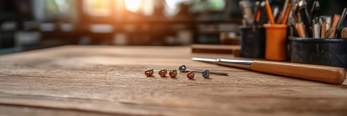 Aufkleber - Close-up of a wooden workbench with tools in containers and screws. Soft focus with a warm light from the background and a blurred environment. Craftsmanship and design concept
