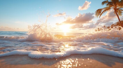 Aufkleber - Coastal scene featuring a wave crashing onto the sandy shore illuminated by the golden light of sunset with a tree in the background