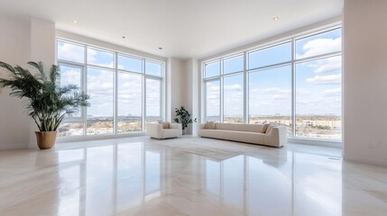 Poster - Modern interior with panoramic windows overlooking a cityscape white walls and furniture reflect natural light and create a bright airy atmosphere