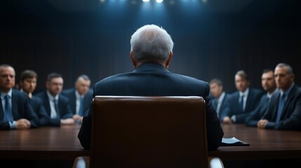 Aufkleber - Rear view of a distinguished man in a suit addressing a boardroom of colleagues. The scene is set in a dimly lit room with a central focus illuminated by overhead lighting creating a sense of