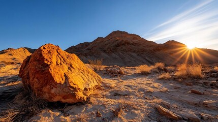 Poster - Vibrant desert landscape at sunrise featuring a rugged rock formation illuminated by golden sunlight and a clear blue sky