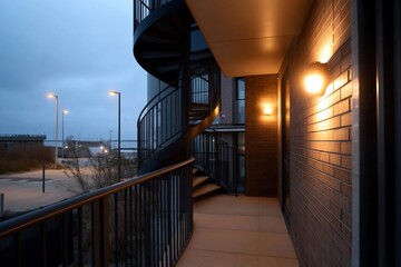 Poster - Exterior shot of a modern building at dusk featuring a spiral staircase and warm lighting along a brick wall. The overcast sky and streetlights provide a contrasting backdrop