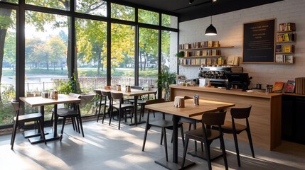 Poster - Interior view of a cafe with large windows showcasing outdoor scenery. Tables and chairs arranged with a coffee machine and books on shelves. Natural light brightens the space