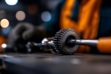 Aufkleber - Close up of metallic cog and handle with blurred background showing a worker wearing gloves and orange safety vest. The focus is on the gear's detailed texture