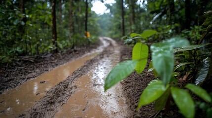 Leinwandbilder - Generic forest road winding through dense green foliage with raindrops on leaves creating a wet atmosphere in a forest setting