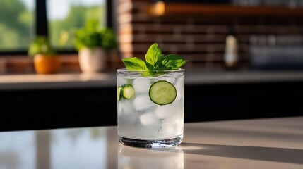 Poster - Refreshing cocktail in a clear glass featuring cucumber slices mint leaves and ice cubes set against a blurred background and sunlight