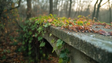 Poster - Concrete bridge detail with arch and weathered texture covered in climbing green ivy leaves and fallen foliage autumnal colors with blurred forest background during daylight