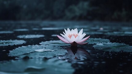 Aufkleber - A serene aquatic scene featuring a delicate white and pink water lily floating on a dark water surface surrounded by green lily pads and a blurred background of trees under soft lighting