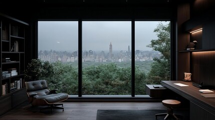 Poster - Interior view of a modern office space with a large window overlooking a cityscape, featuring a desk, chair, and bookshelf, with a focus on lighting and urban views