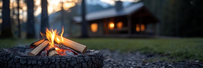 Aufkleber - Campfire burning logs with a cabin in the background sunset forest setting providing a cozy atmosphere outdoor scene