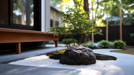 Poster - Exterior shot of a zen garden features meticulously arranged rocks and greenery under soft natural light. The composition highlights texture contrast with white pebbles and lush foliage