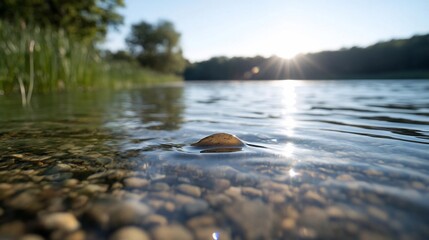 Poster - Close-up view of clear water with pebbles and a single rock in focus Sunlight reflects on the water surface Trees and vegetation are visible in the background. Serene and peaceful atmosphere