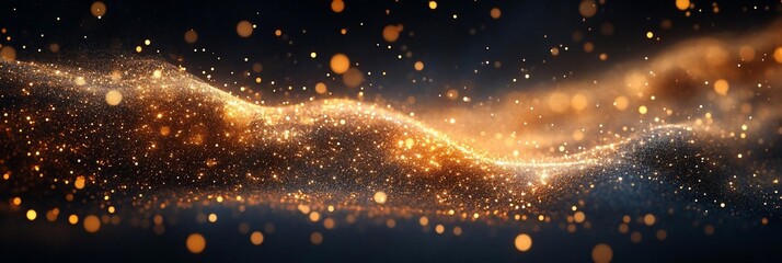 Fototapete - Abstract image featuring a flowing golden particles with bokeh effect against a dark background. This art creates a dynamic and luminous visual experience with depth of field and sparkling elements