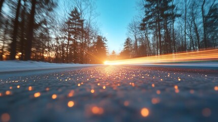 Leinwandbilder - A road through a forest at sunset with sparkling light effects creating a warm atmosphere. The scene features blurred motion and a shallow depth of field with focus on the road and light