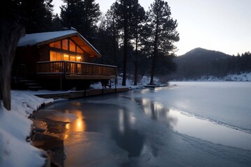 Aufkleber - Wooden cabin on a snowy lake shore with warm interior light. Snow covered foreground and forest backdrop with cool toned lighting